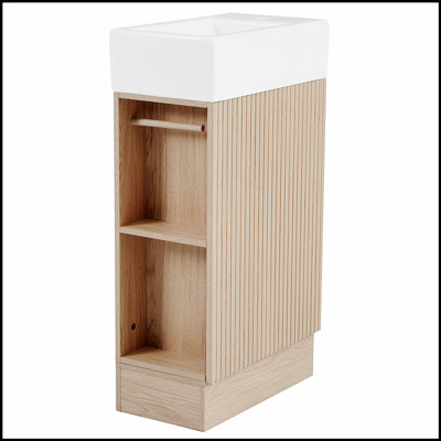Meuble-lavabo en bois naturel avec lavabo en céramique, durable et élégant pour les salles de bain modernes, orienté vers la gauche ou vers la droite.