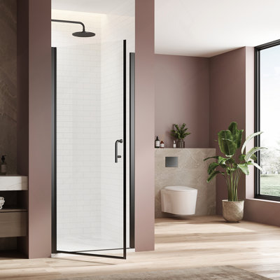 28In.W X 72 In.H Pivot Matte Black Swing Single Glass Panel Shower Door Adjustable 27.5-29 Inch Frameless Shower Door With 1/4 Inch Clear Tempered Glass