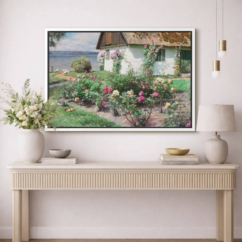 «Cottage Rose Garden by the Lake», impression de chambre à coucher florale, impression sur toile encadrée sur toile.