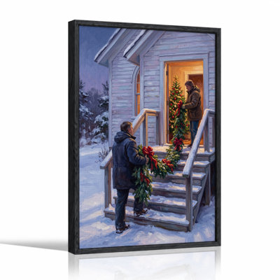 «Men Carrying Green Wreath Up Snowy Steps Christmas», art mural sur toile