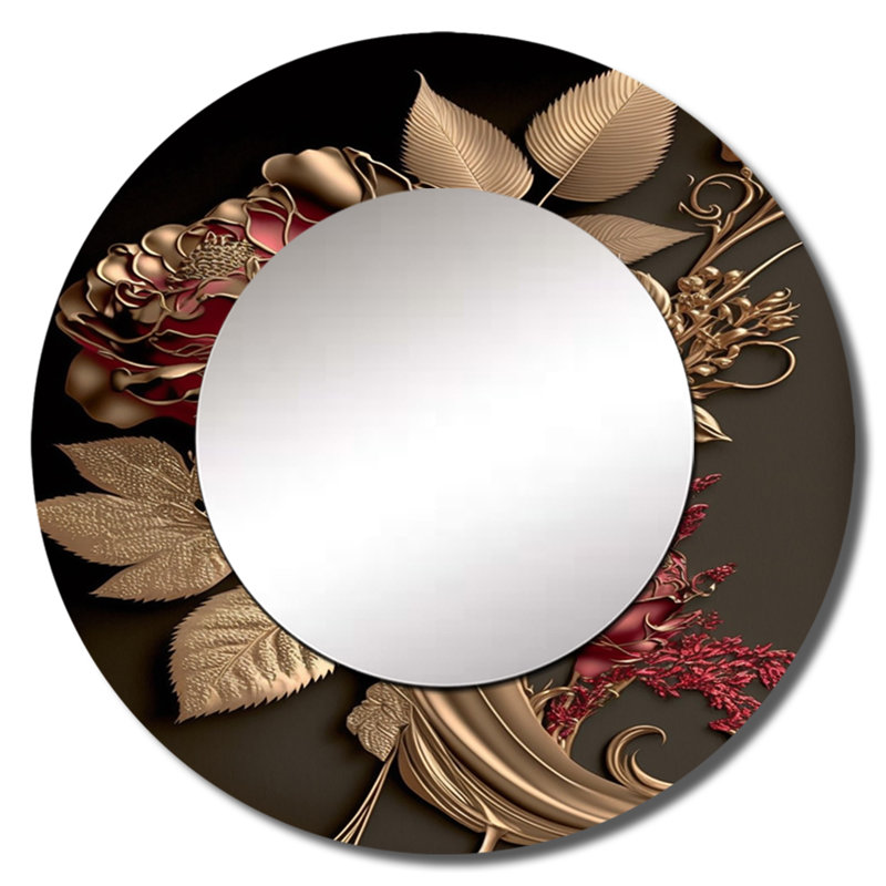 Seandell Gilded Rose Vintage Glam I - Floral Large Wall Mirror, Traditional Round Unique Mirror, Printed Metal Art, 23" x 23"