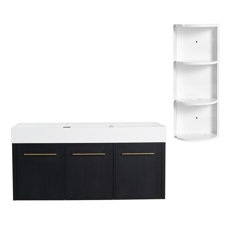 Meuble-lavabo mural 48 po avec lavabo et support de rangement, lavabo à rebord épais en résine gauche, ensemble KD