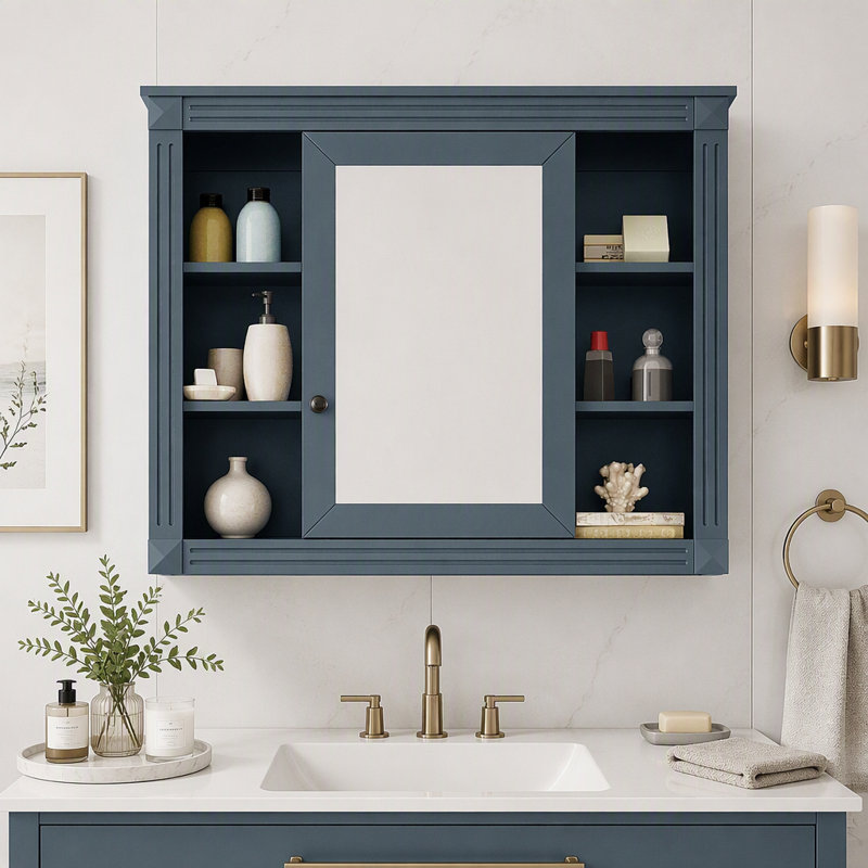 Armoire de toilette murale avec miroir, rangement et étagères ouvertes, Bleu