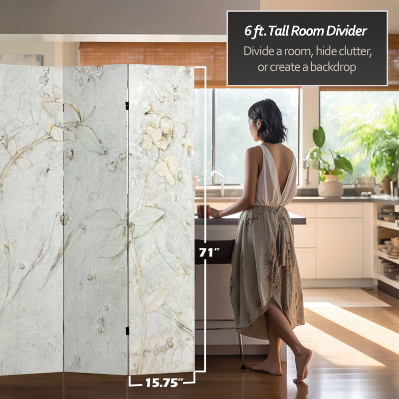 Douglas Ivory Flowers Canvas Room Divider, 71" H x 47.25" W x 1" D