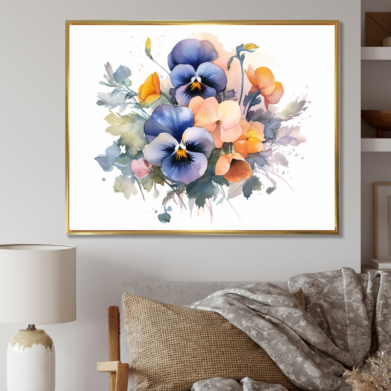 Fleurs de Pensée colorées sur toile, Cadre flottant doré, H 24 po x l 32 po