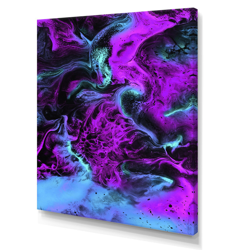 Neon rose, bleu et vert, paysage liquide - peinture sur toile, H 32 po x l 24 po, Toile tendue
