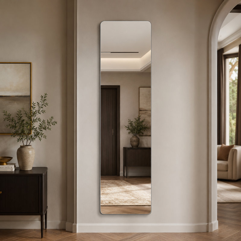 Miroir mural rectangulaire pleine longueur 59,2 x 16,2 pouces, verre argenté sans cuivre de 5 mm, dos incassable, design fin et arrondi, 3 options d'installation pour chambre, placard et entrée