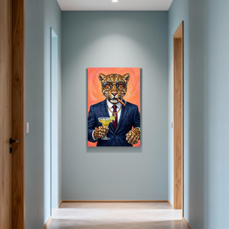 Animaux léopard en costume avec cigare et cocktail, H 24 po x l 16 po