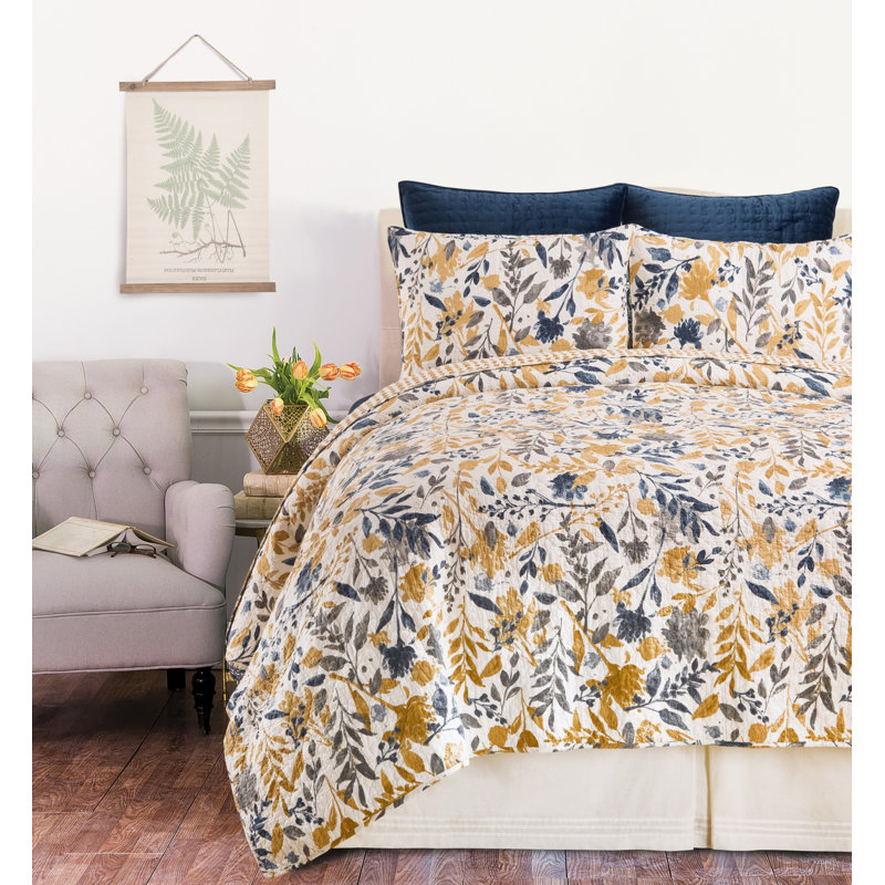 King Blue and Yellow Cotton Reversible Quilt Set