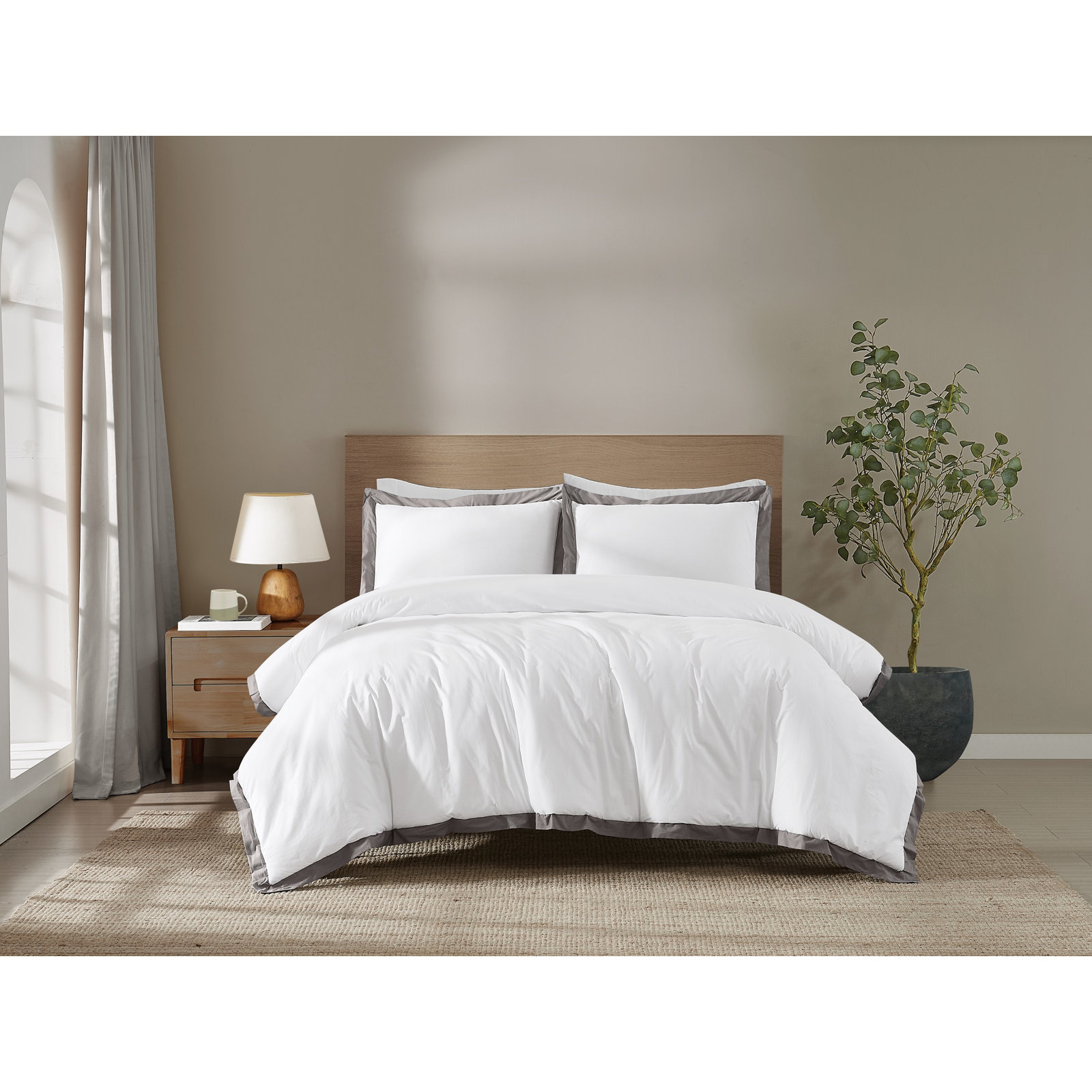 Cotton Duvet Cover Set, White/Grey, Queen