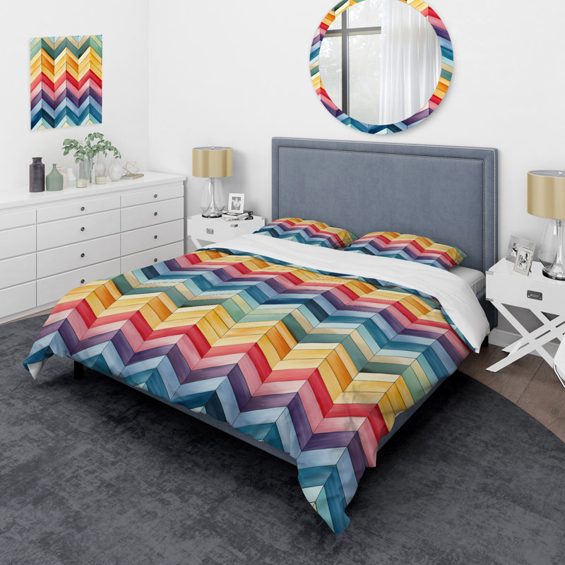 Ensemble de housse de couette en microfibre aquarelle à motif de chevrons multicolores II bleu / jaune / rouge