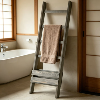 Échelle à couvertures en bois avec tablette de rangement, porte-échelle décoratif incliné pour serviettes et couvertures, présentoir peu encombrant et séchoir pour salle de bain, salon, chambre à coucher, finition grise
