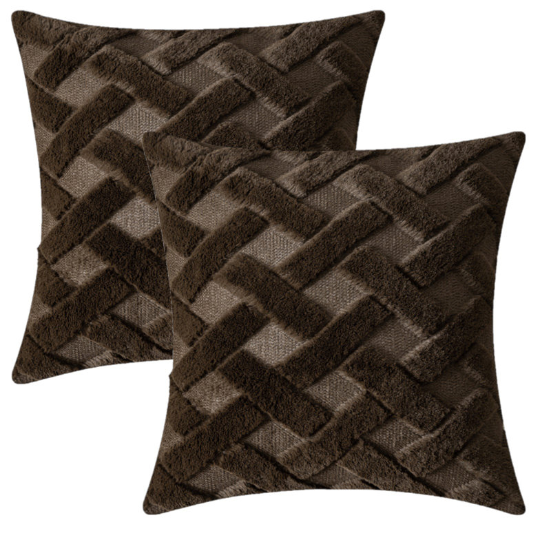 Housse de coussin carrée en fausse fourrure brodée, Brun