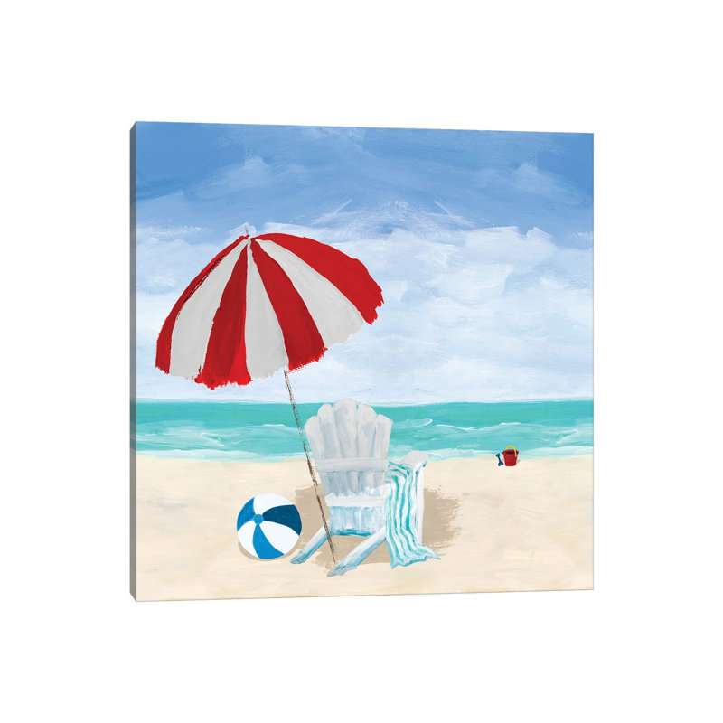 Chaise de plage avec parasol par Julie Derice - Giclée sur toile tendue avec châssis, H 12 po x l 12 po x P 0,75 po
