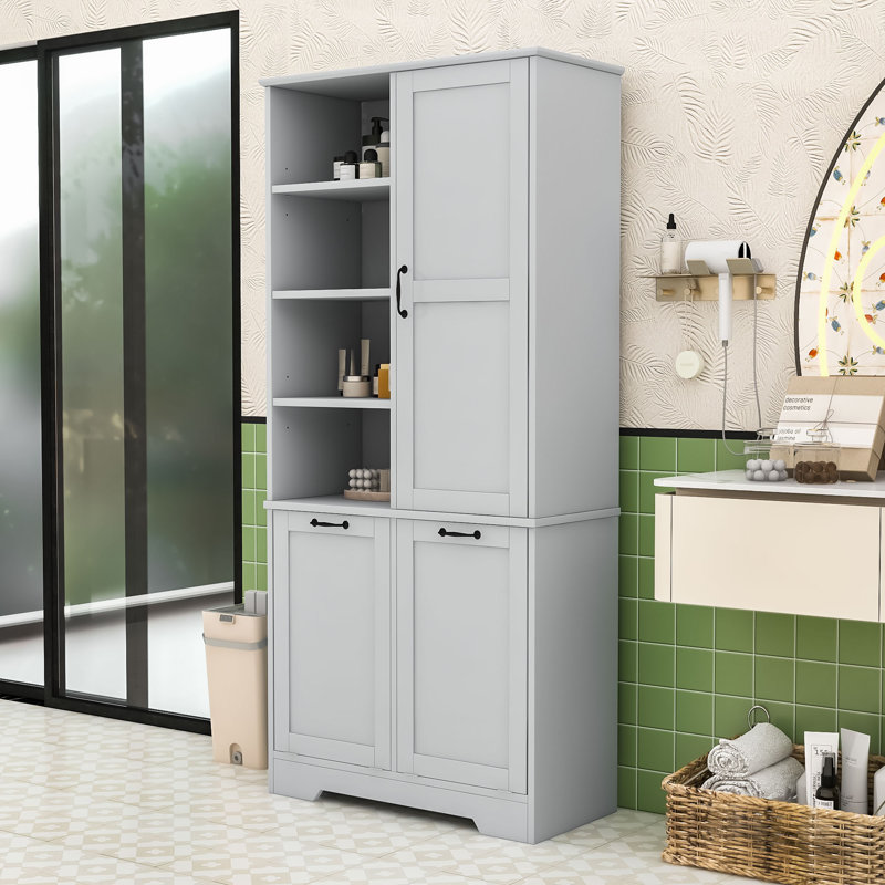 Armoire de rangement multifonctionnelle avec tablettes réglables et paniers à linge inclinables, Gris