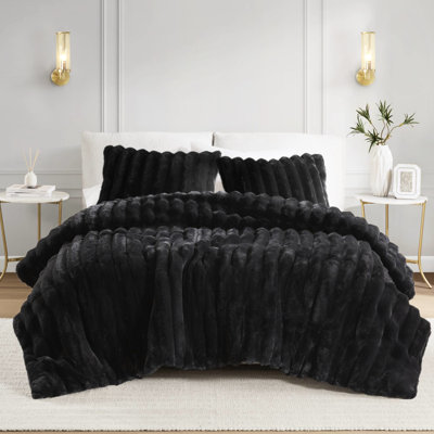 3 pièces, noir, très grand, ultra doux, fausse fourrure, édredon, texture moelleuse du cordon, sensation luxueuse, très grand lit, rembourrage, couvre-oreillers assortis