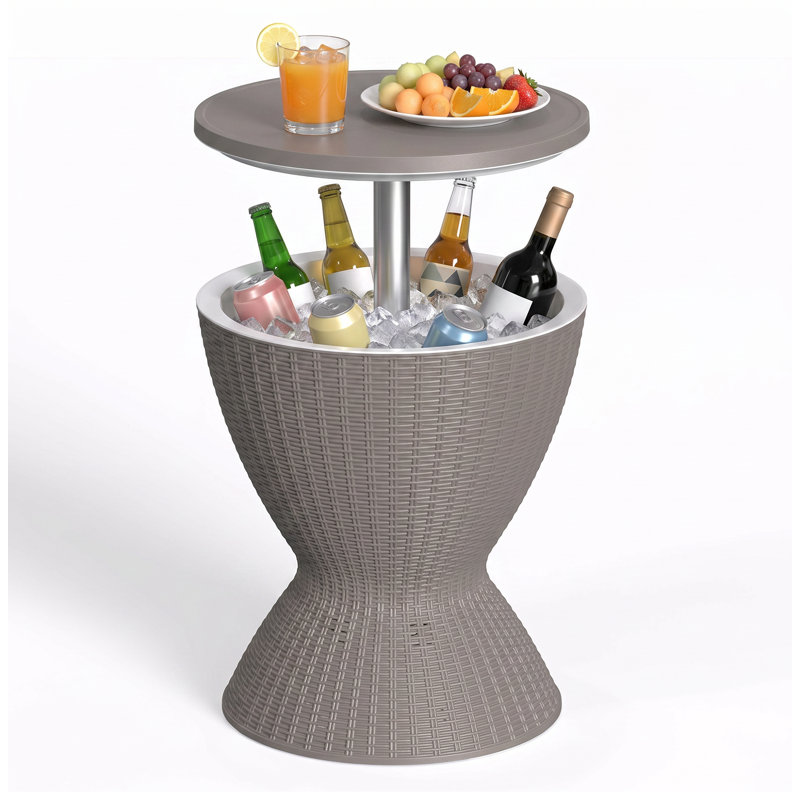Table de bar à hauteur réglable en rotin 3-en-1 avec seau à glace isolé 8 gallons et bouchon de vidange, brun clair / gris