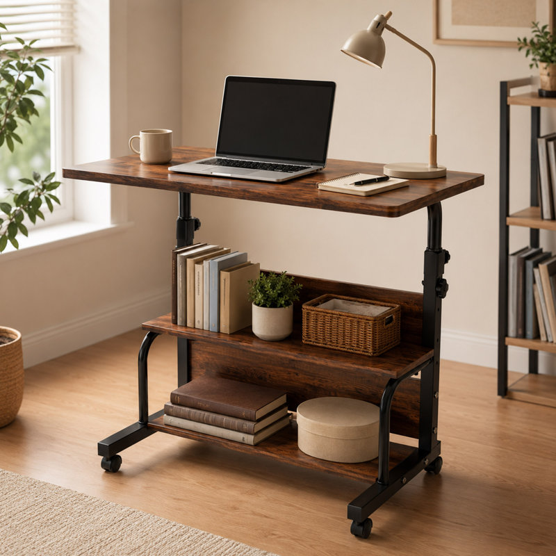 Rolling Adjustable Computer Desk, Storage Shelves