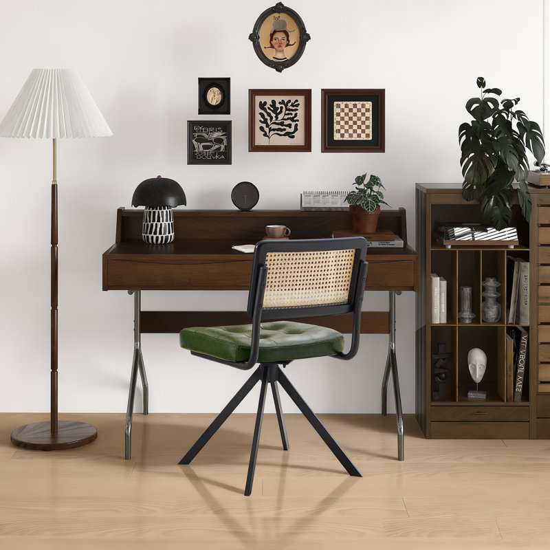 Markwart Mid-Century Modern Swivel Office Chair Rattan Back Tufted Faux Leather Seat Black Steel Legs, Green