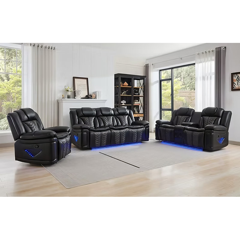 Nova 3 Piece Reclining Black Set, Black
