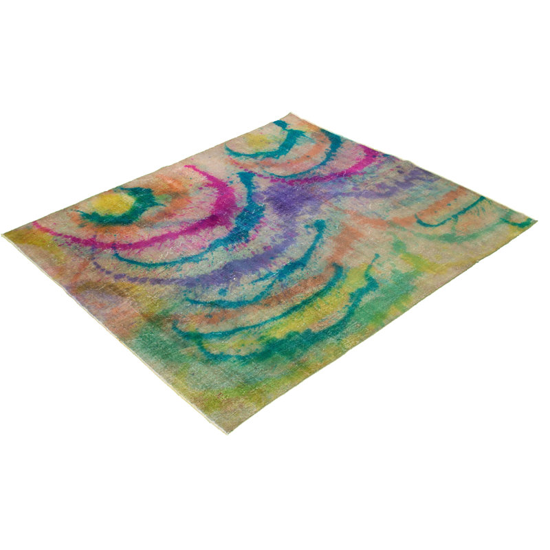 Tapis décoratif bleu en laine de conception unique 6 pi 4 po x 7 pi 4 po noué à la main