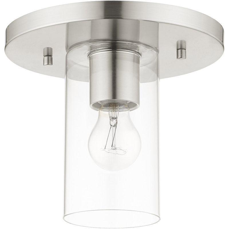 1 Light Flush mount ceiling light fixture with Clear Glass Shade, Brushed Nickel