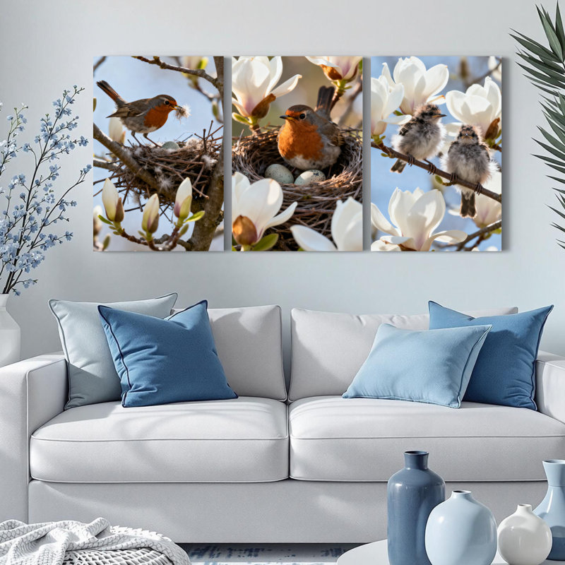 Ensemble de 3 tableaux sur toile tendue représentant un nid de rouge-gorge avec des fleurs de magnolia, H 36 po x l 72 po