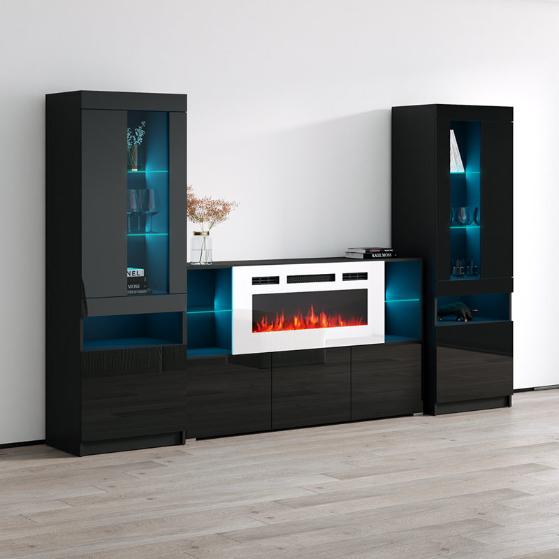 Camberlynn 110.2" Modern Entertainment Center with Electric Fireplace, High Gloss Finish, Media Storage, Black