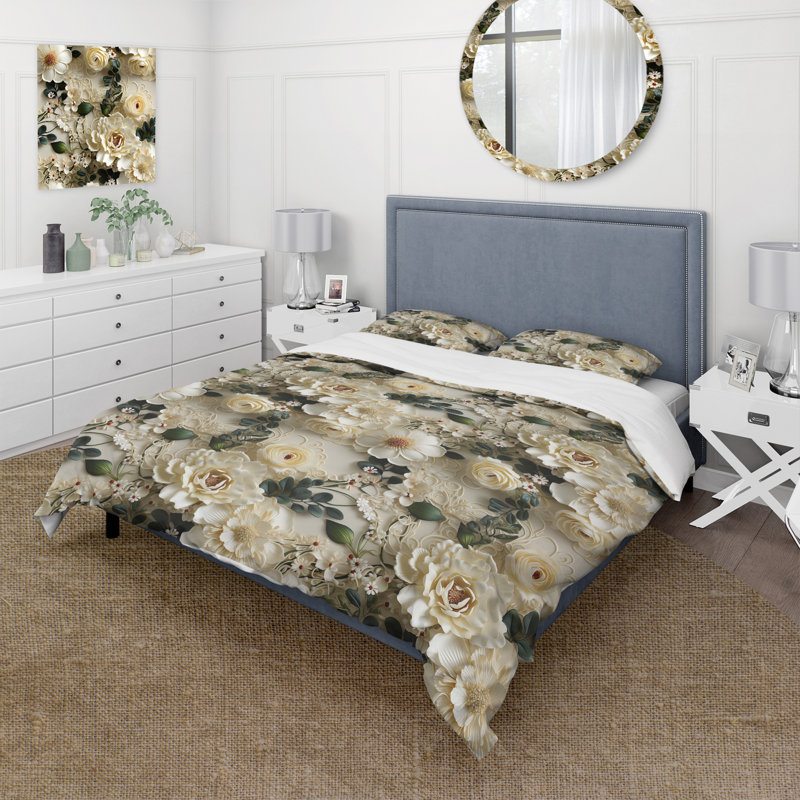 Ensemble de housse de couette Timeless White Floral Lace Veil II - Floral, Housse de couette pour grand lit et 2 taies décor