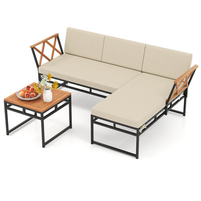 3 PCS L-Shaped Acacia Wood Patio Furniture Set with Loveseat Square Coffee Table Soft Back