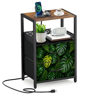 Table de chevet 2 tiroirs en tissu avec station de charge plante tropicale feuilles vertes Monstera Jungle