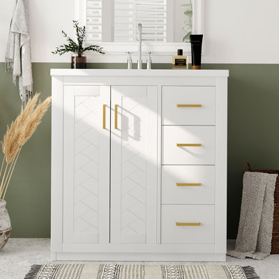 30" Bathroom Vanity with Ceramic Sink, Solid Wood Frame, 3 Drawers & Soft Closing Doors, Retro Style Storage Cabinet