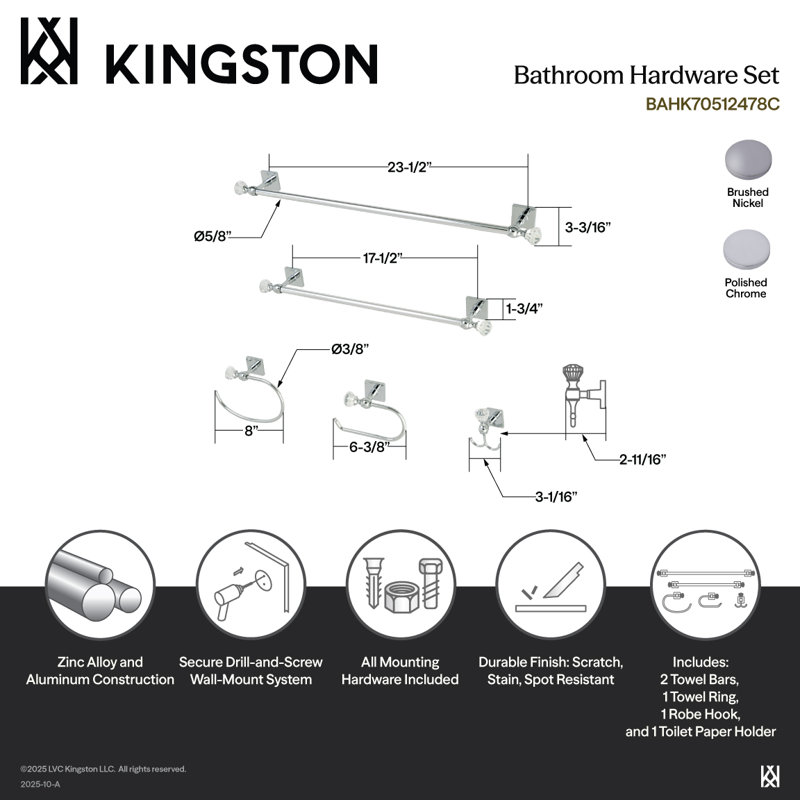 Kingston Brass Celebrity 5-Piece Bathroom Hardware Set, Brushed Nickel