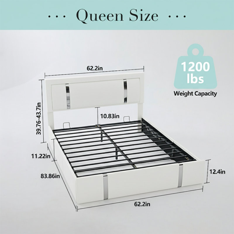 Lit plateforme tapissier en similicuir, Blanc, Grand lit
