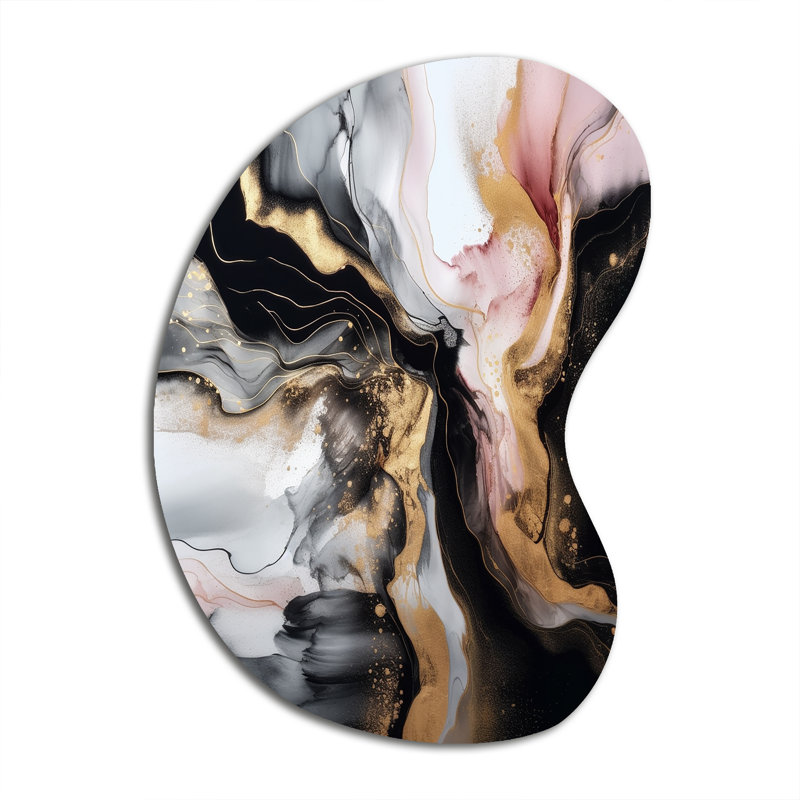 «Black Gold Marble Splash I», impression abstraite asymétrique en métal sur métal, sculpture murale en métal Freeform