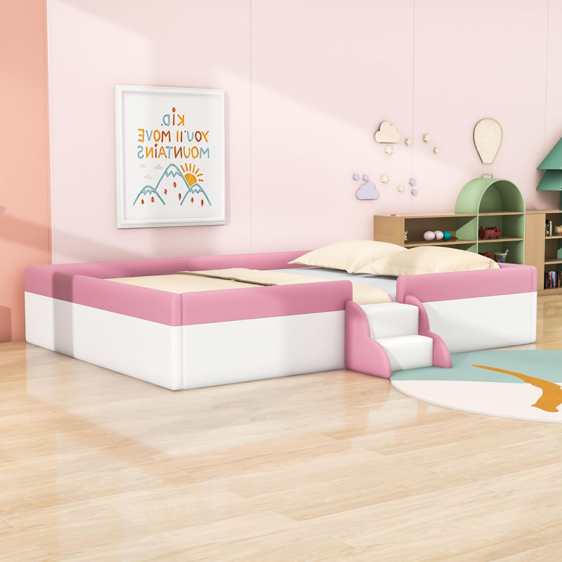 Upholstered Daybed with Staircase and Safety Fence Design, Queen, White/Pink