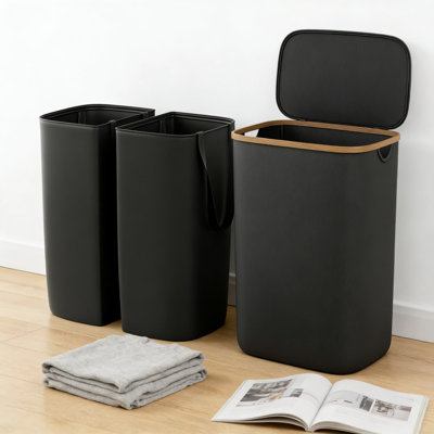 Double panier à linge avec couvercle et sacs de doublure amovibles - Grand panier à linge pliable de 150 L avec poignées en bambou pour l'organisation de la chambre à coucher, de la salle de bain, du dortoir et de la salle de lavage