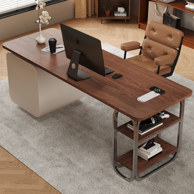 Bureau à 3 tiroirs brun noisette + blanc + argent manufacturé rectangulaire + acier inoxydable, Retour à droite