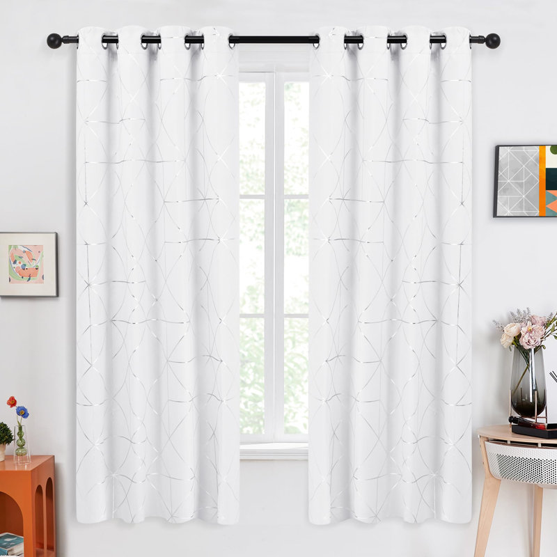 Silver Geometric Printed Pattern Curtains (Set Of 2), Black, 52" W x 63" L