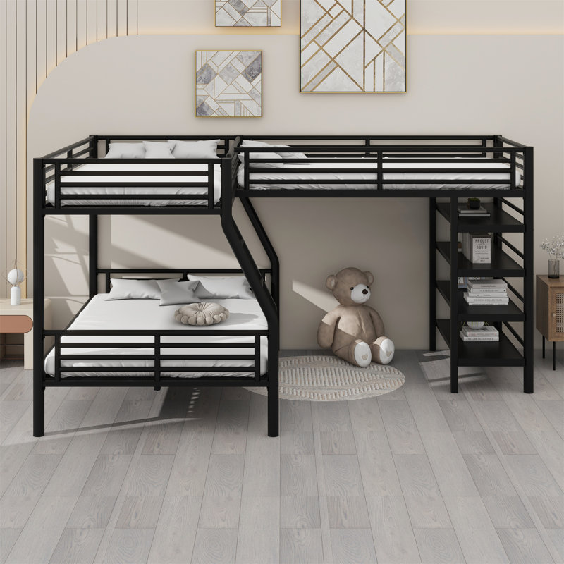 L-Shaped Bunk Bed And Loft Bed With Four Built-In Shelves