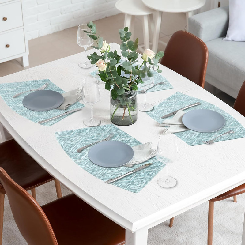 Rhombus Pattern Wedge Shaped Placemats Set Of 4, Waterproof Wipeable PVC Place Mats For Round Table, Vinyl Woven Table Mats, Blue