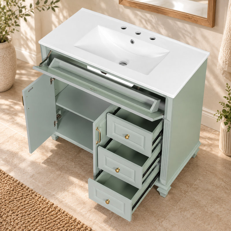 Meuble-lavabo vert autoportant de 92 cm (36,26 pouces) avec dessus en céramique, 3 tiroirs et 2 portes