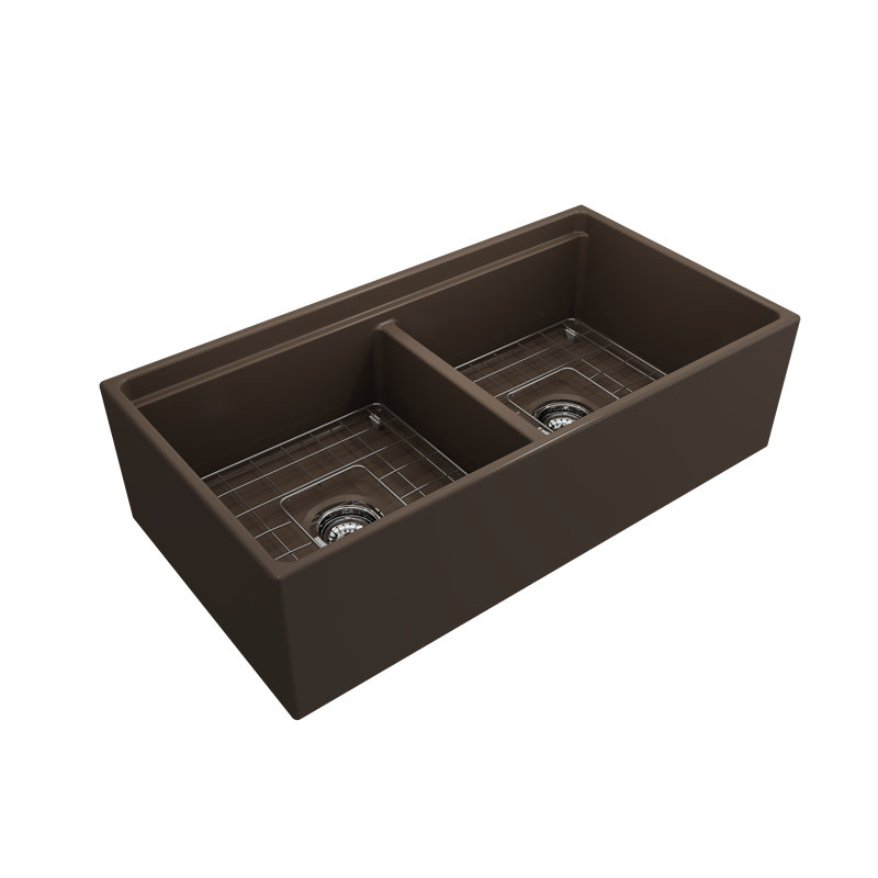 Contempo 36'' L Double Bowl Fireclay Kitchen Sink, Matte Brown