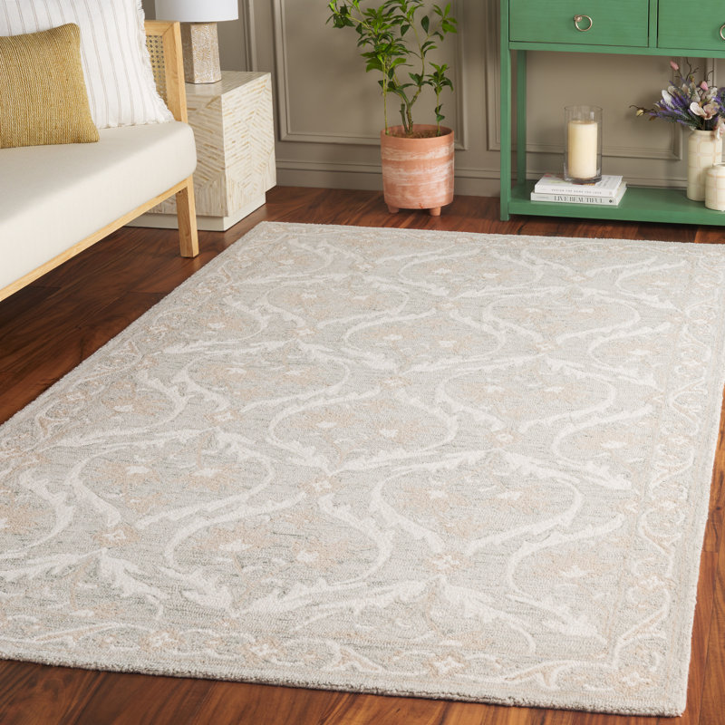Angeletta Tufted Wool/Cotton Damask Rug in Light Gray/Ivory, Rectangle 5' x 8'