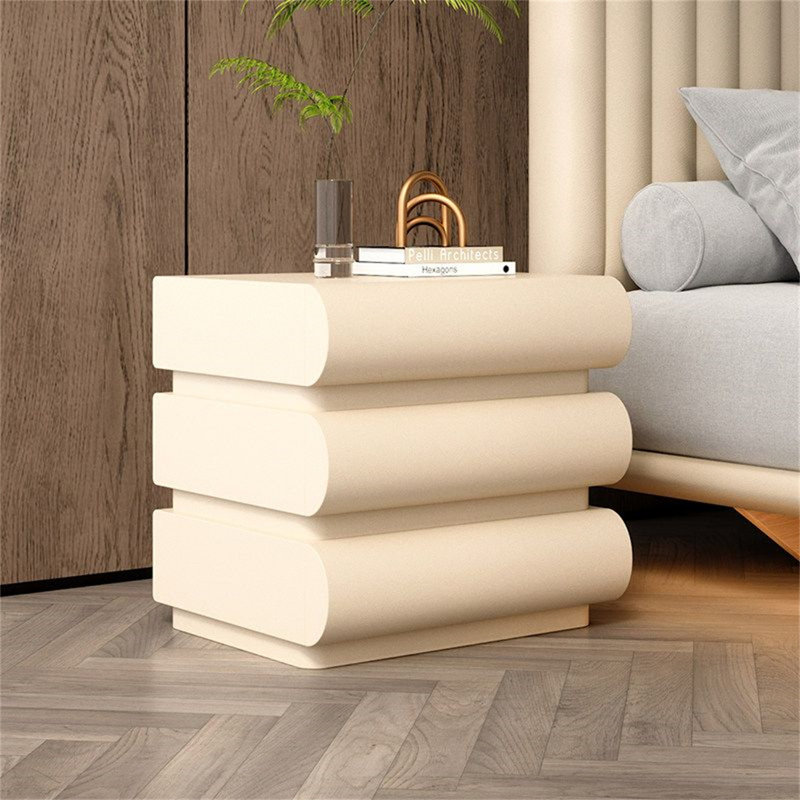 Modern Cream Leather 3-Drawer Nightstand – Minimalist Italian Style Solid Wood Bedside Cabinet with Rounded Edges, Contemporary Bedroom Storage Furniture