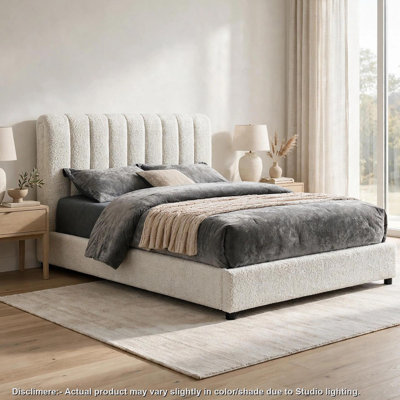 Soru Queen Size Bed, Vertical Channel Tufted, White Boucle Upholstery