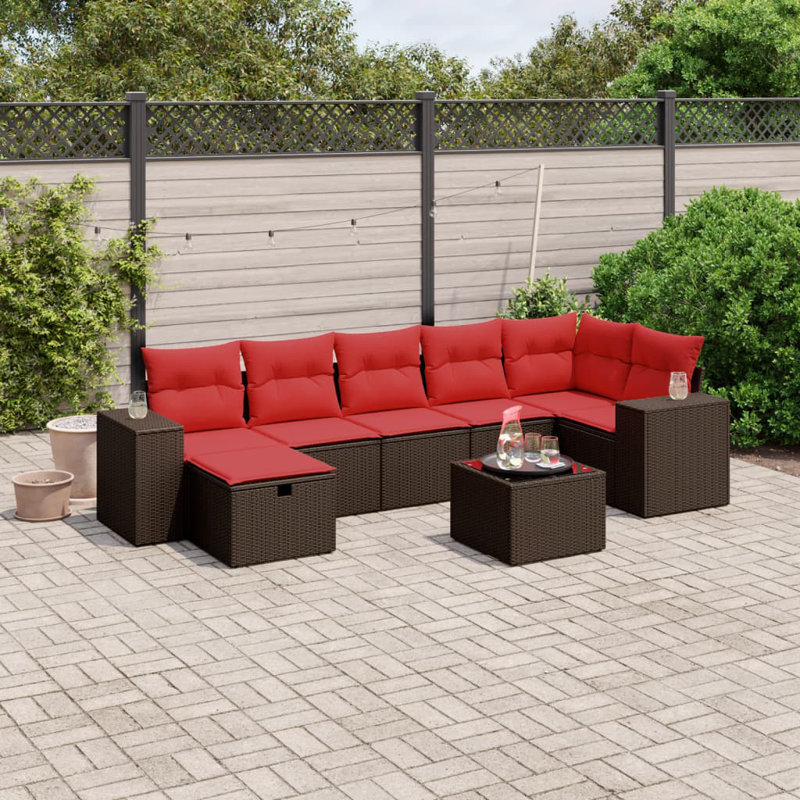  Ensemble de canapé de patio 8 pièces avec coussins en rotin de polyester noir, Rouge, Brun