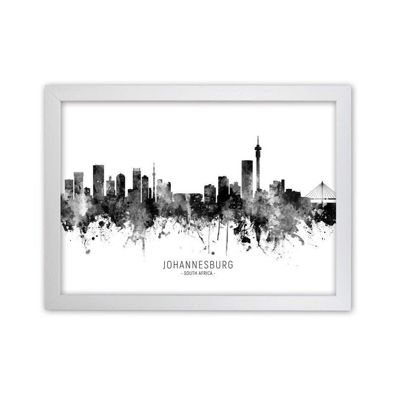 Johannesburg South Africa Skyline Black White City Name by Michael Tompsett - Print, 25cm H x 34cm W x 3cm D, White Framed