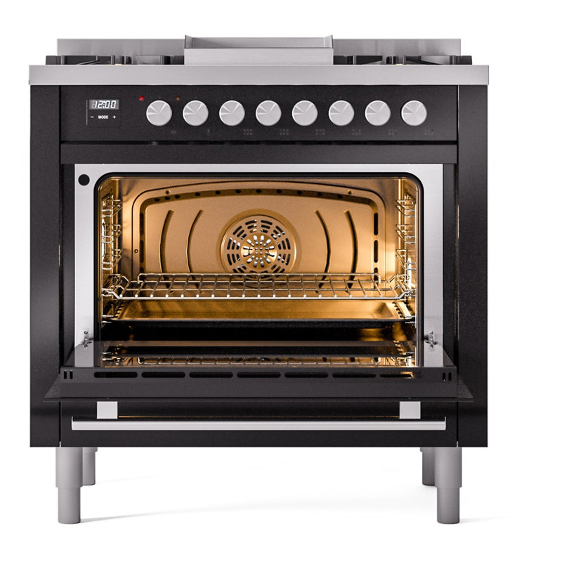 Cuisinière à double combustible 36 ILVE Professional Plus II, 6 brûleurs scellés, plaque chauffante (noir brillant)