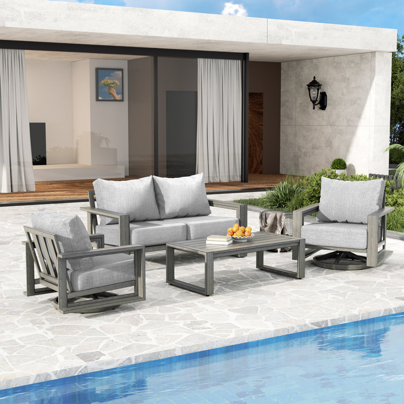 Adden 4-Piece Hand-Painted Aluminum Outdoor Conversation Set With Swivel Chairs, Loveseat, Gray Cushions And Coffee Table